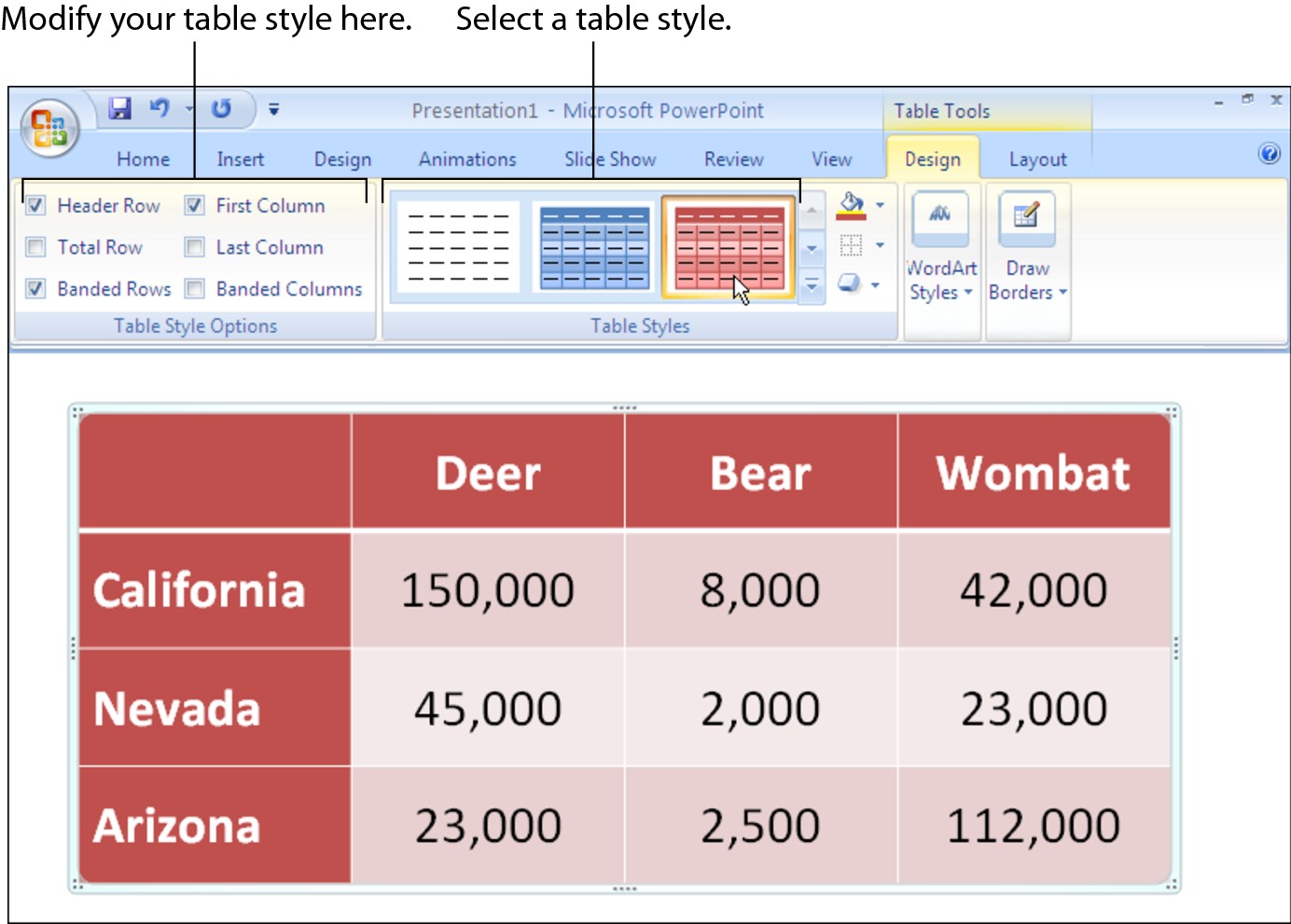 Figure 1-7: Lots of choices in the Table Styles gallery.